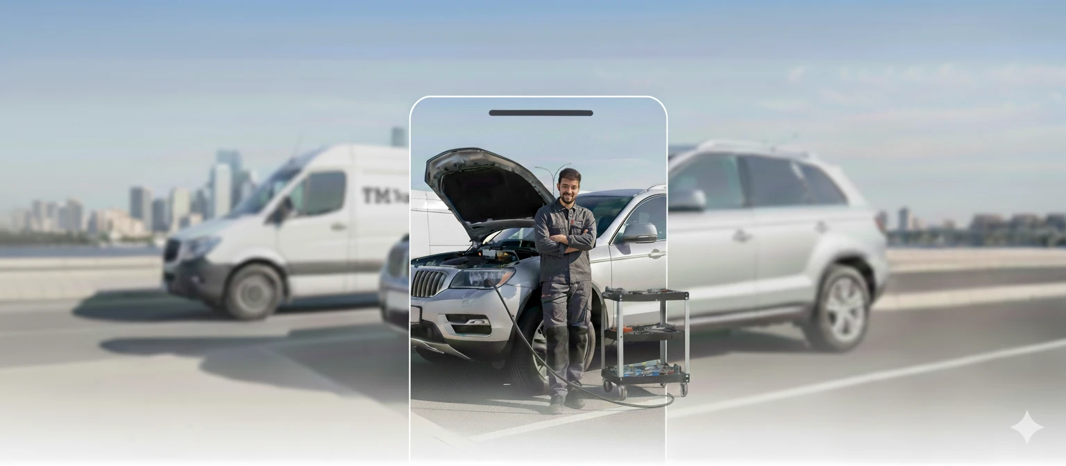 A TravelMechanic mechanic standing beside a customer's car with the hood open, van parked behind